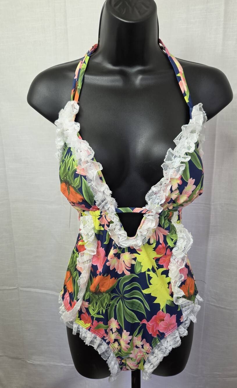Tropical Ruffles with Lace V-Plunging One Piece Women's Swimsuit Size XL - Picture 2 of 10